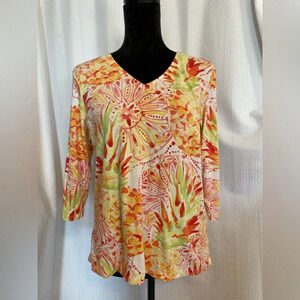 Alfred Dunner Cotton Blend Multicolor Floral Print V-neck 3/4 Sleeve Blouse S